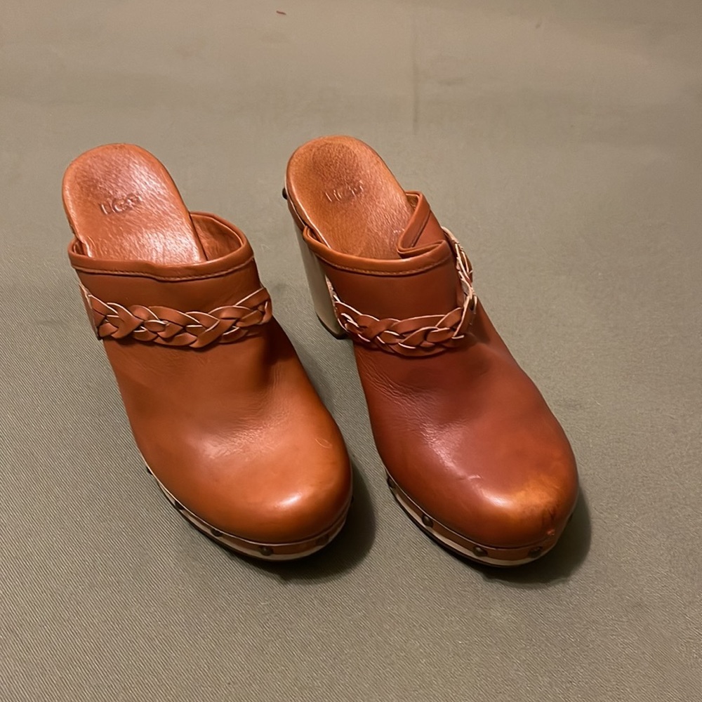 UGG Brown Leather Mules with Braided Detail
